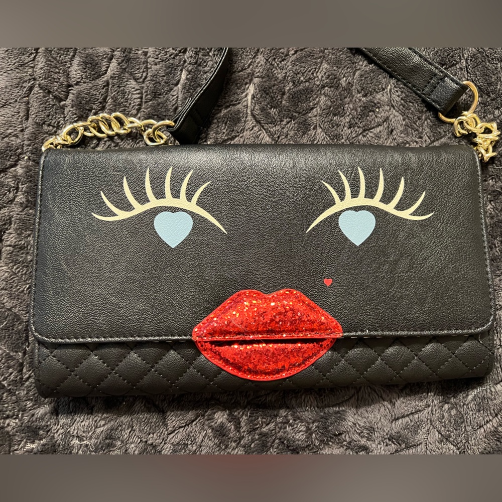 Betsey Johnson Black faux leather Crossbody or Clutch Bag with face Design